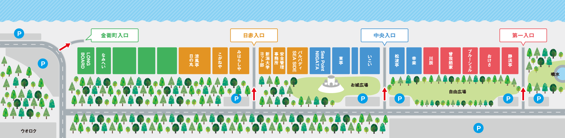 関屋浜海水浴場浜茶屋の略地図