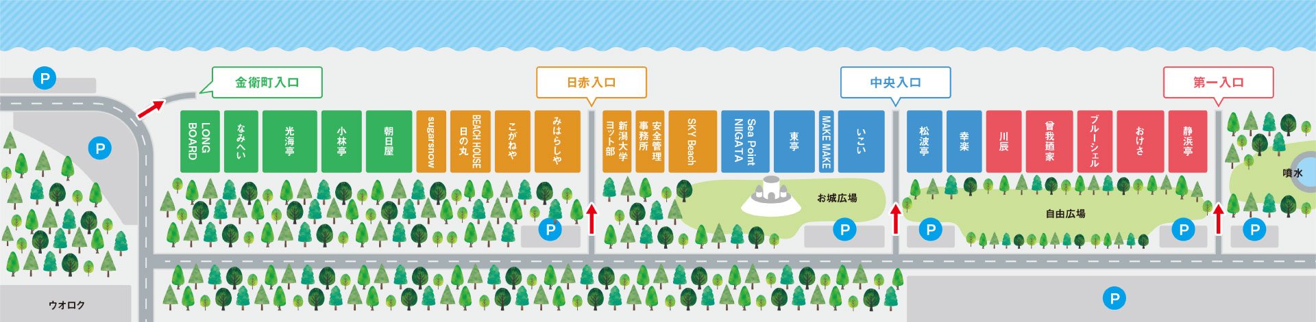 関屋浜海水浴場浜茶屋の略地図